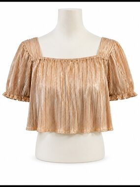 Metallic Pleated Square-Neck Crop Top - Champagne Gold